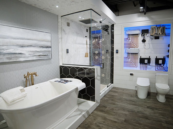 BAthroom sample display at Green Art Plumbing Supply Freeport