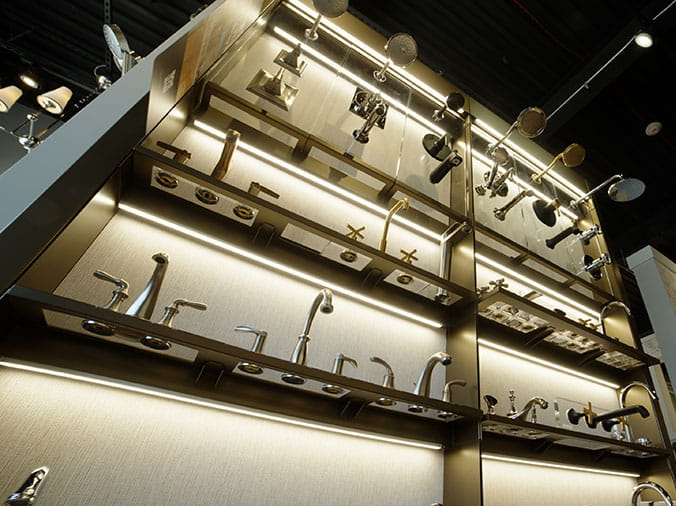 Faucet display at Green Art Plumbing Supply Freeport NY