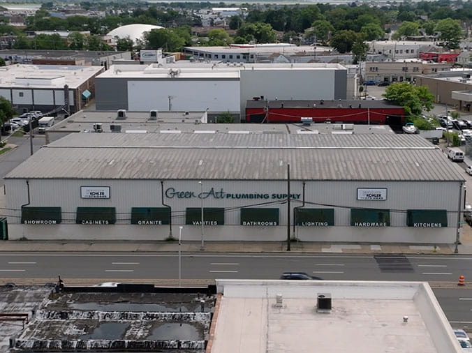 Exterior dronw shot of Green Art Plumbing Supply Freeport NY