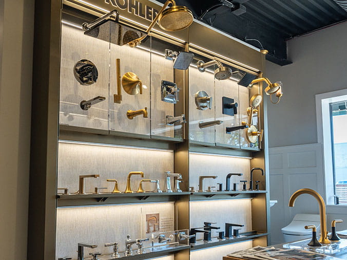Kohler faucet display at Green Art Plumbing Supply Freeport