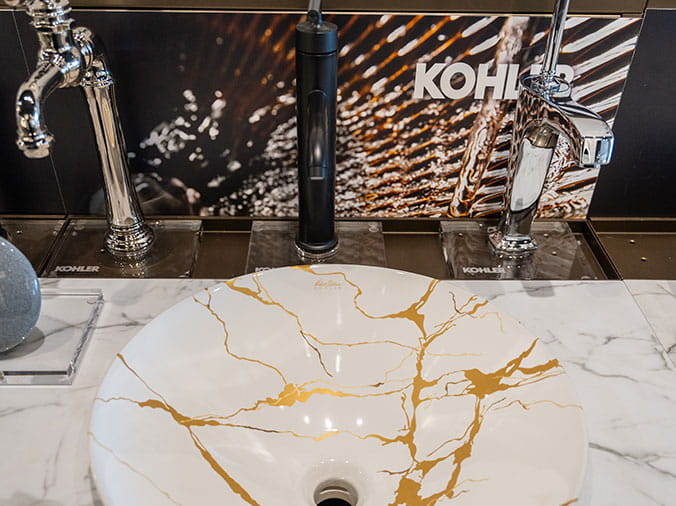 Artisan bathroom sink basin with Kohler faucet at Green Art Plumbing Supply